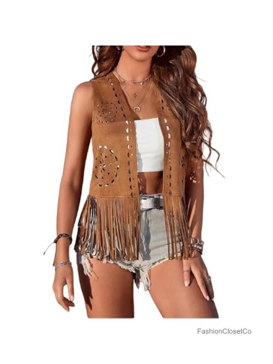 Jackets & Blazers - Faux Suede Fringe Vest for Women Western Cowgirl Boho Tassel